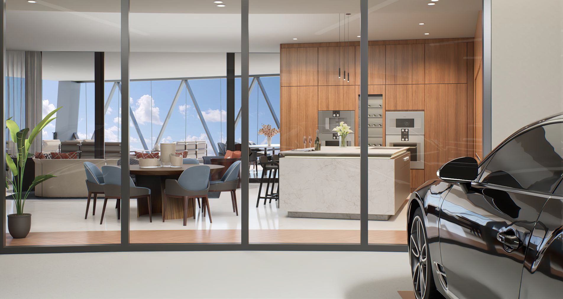 Dining room beside the private sky garage