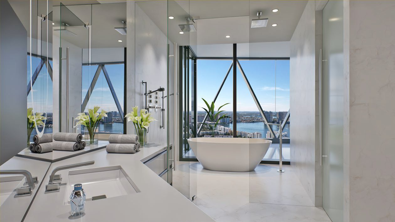 Bath with bay views