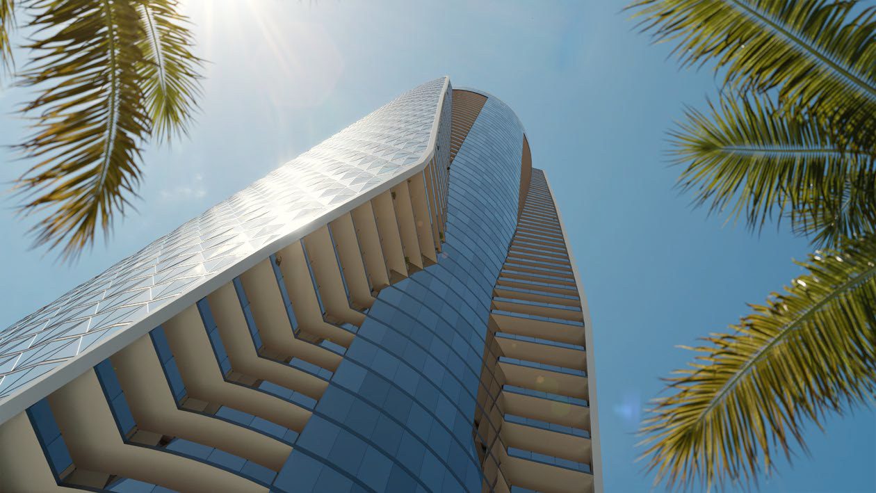 Diamond-pattern glass facade