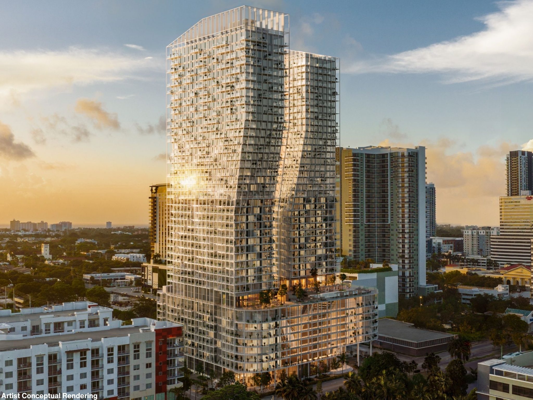 Ombelle's twin towers over downtown Fort Lauderdale at sunset