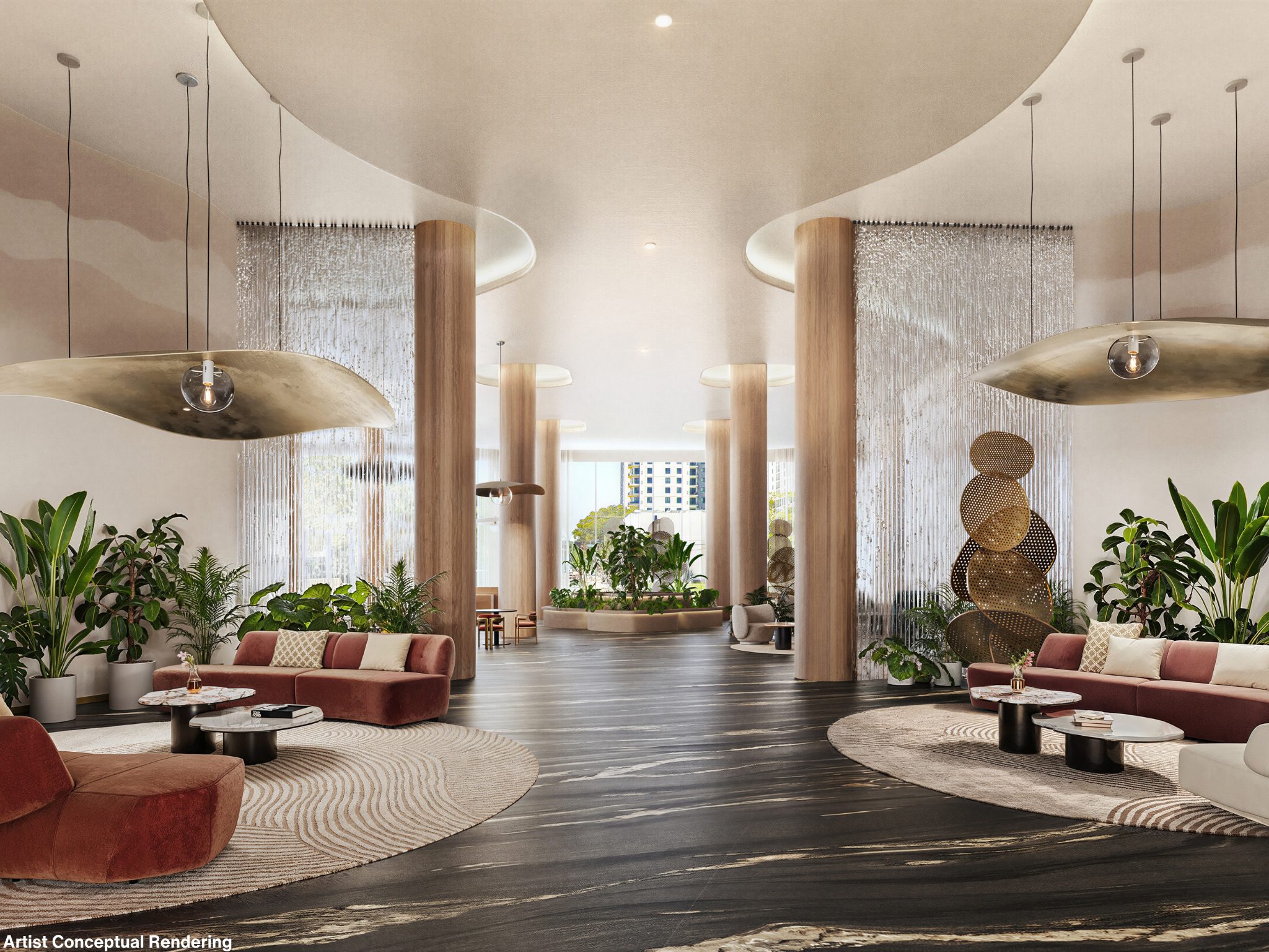 Lobby seating with sculptural columns