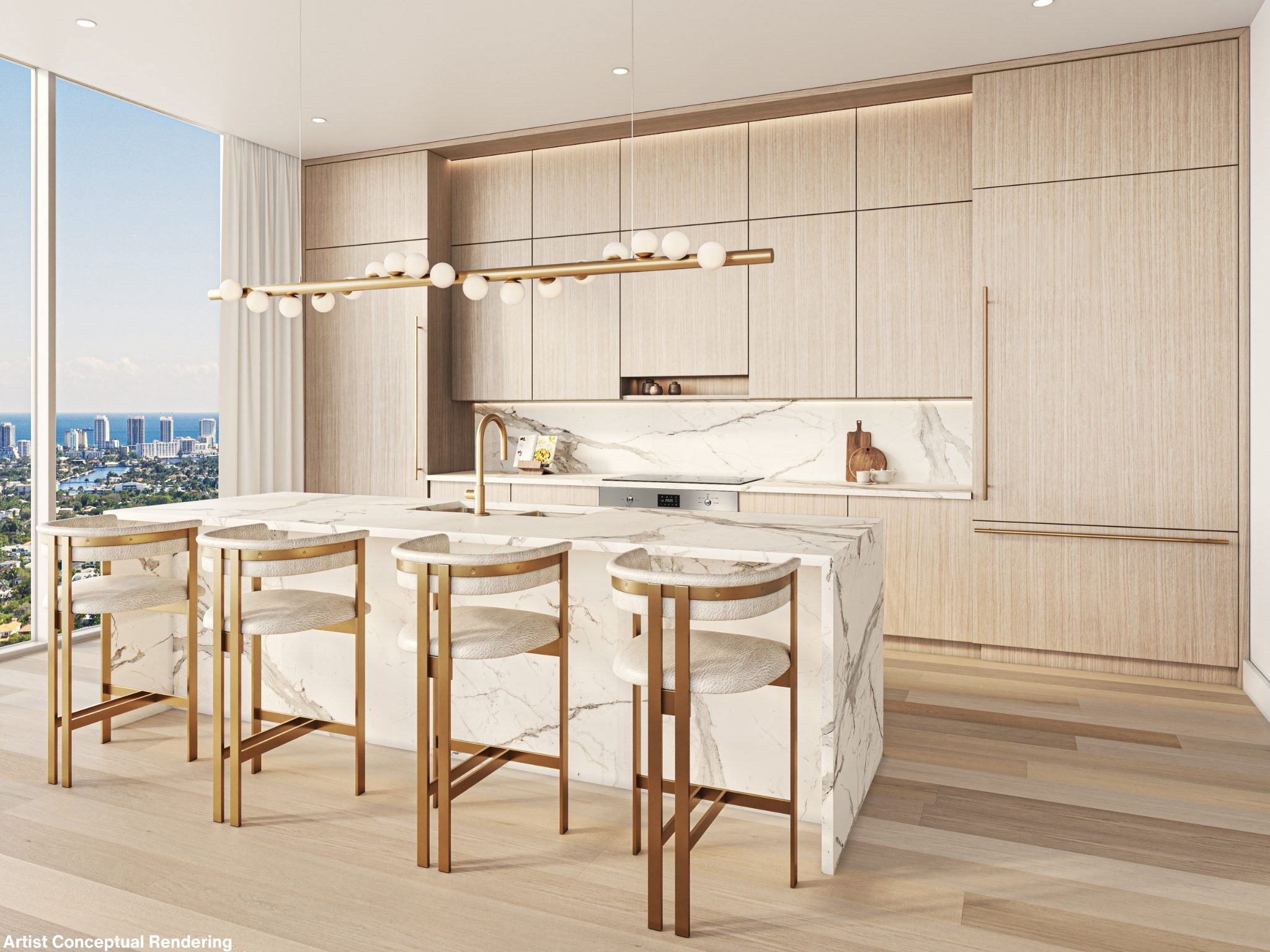 Residence kitchen with island and city views