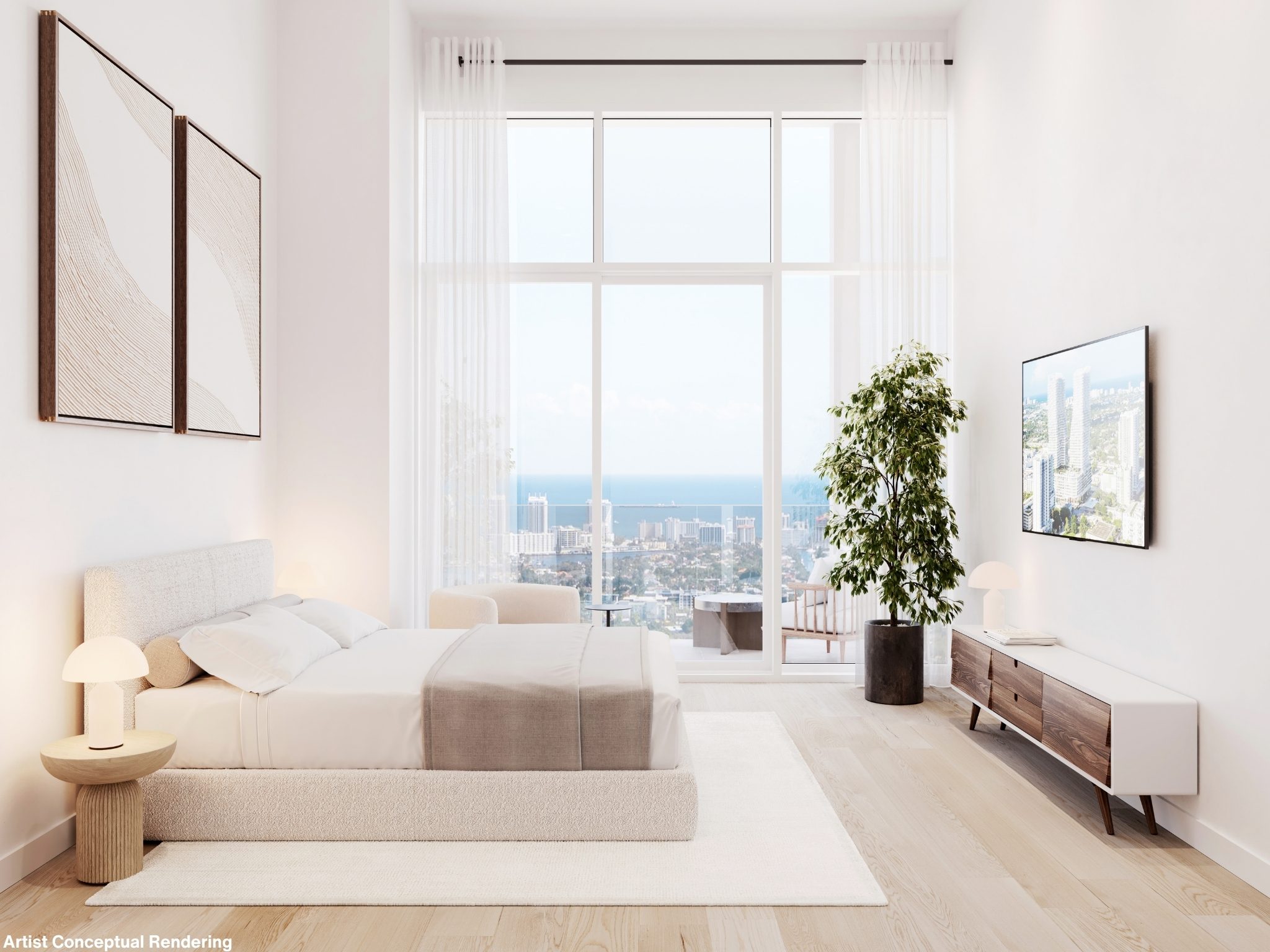 Primary bedroom with floor-to-ceiling glass
