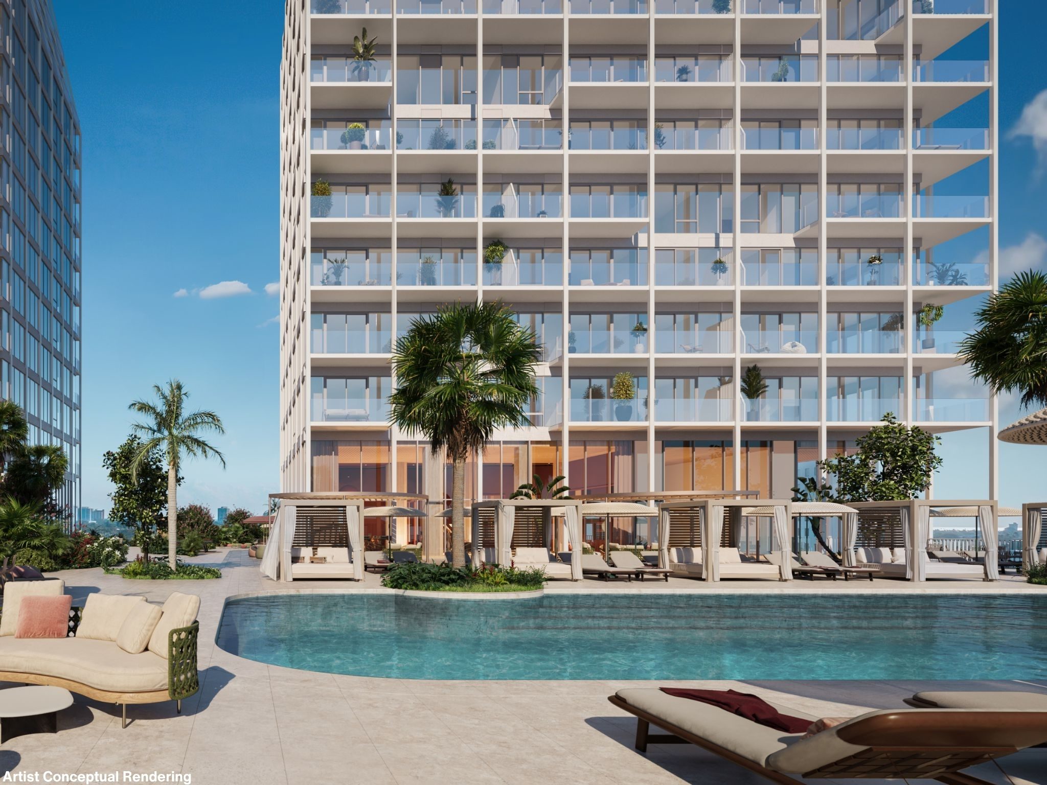 Pool deck with cabanas and daybeds
