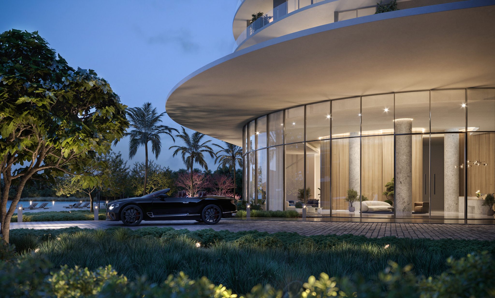 Porte-cochere arrival at dusk