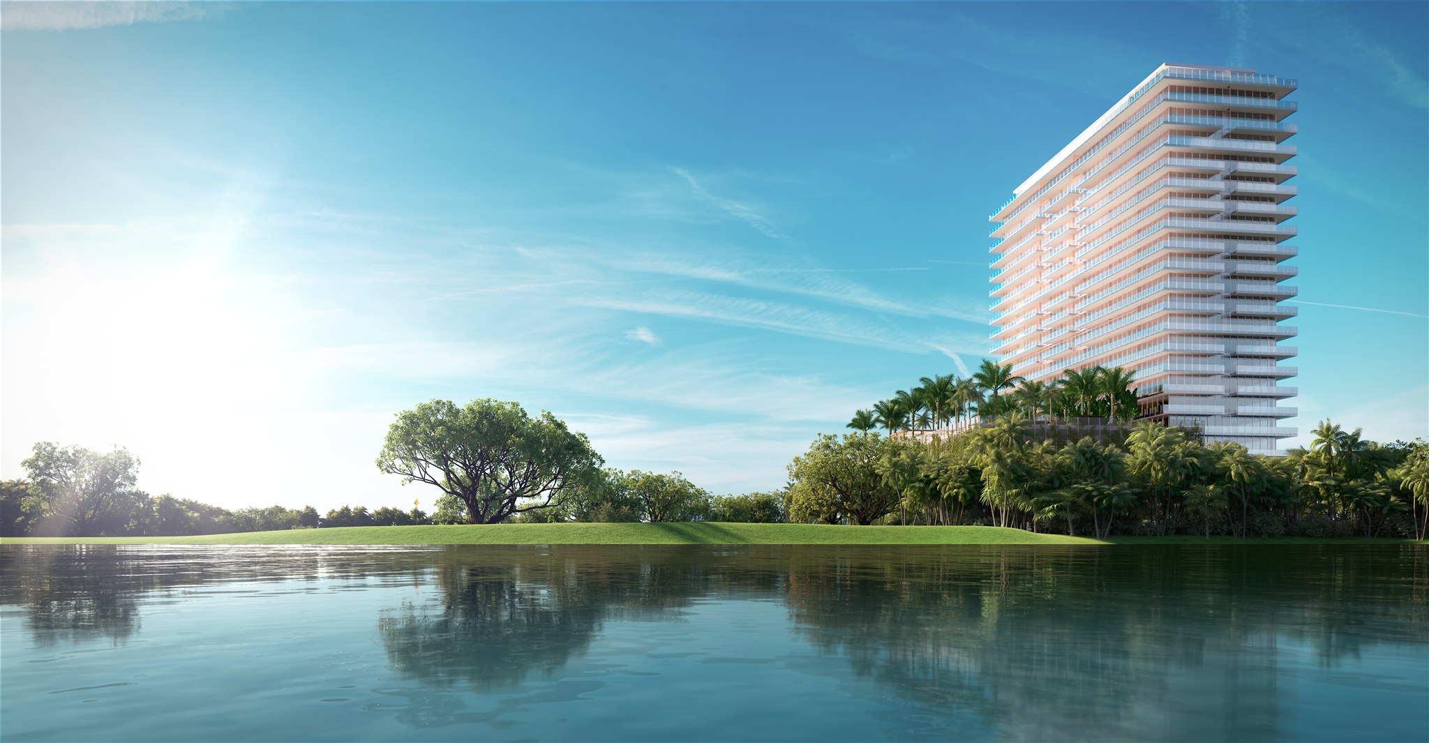 The 20-story tower over the Shell Bay lake and golf course