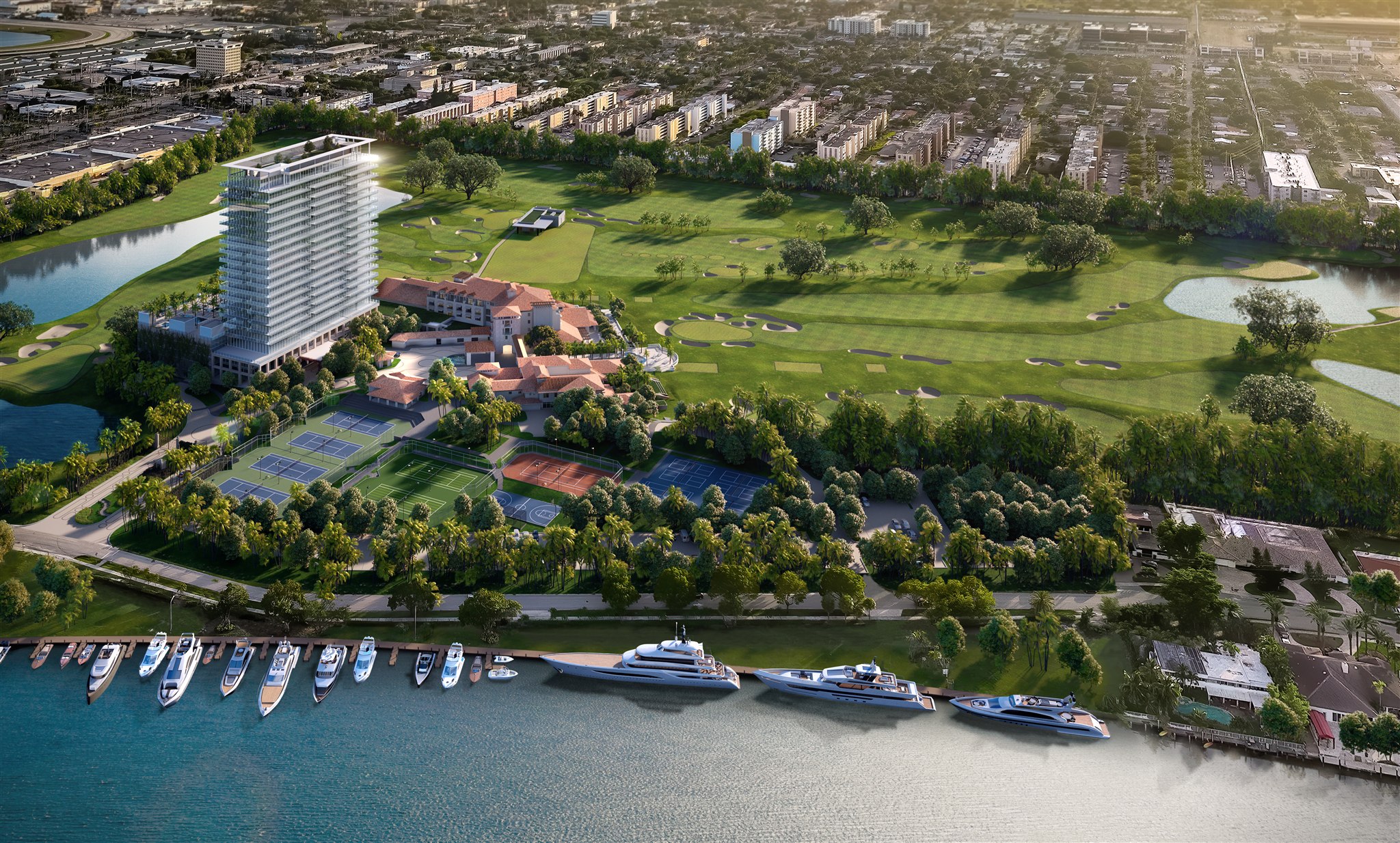 Aerial over the marina, clubhouse and golf course
