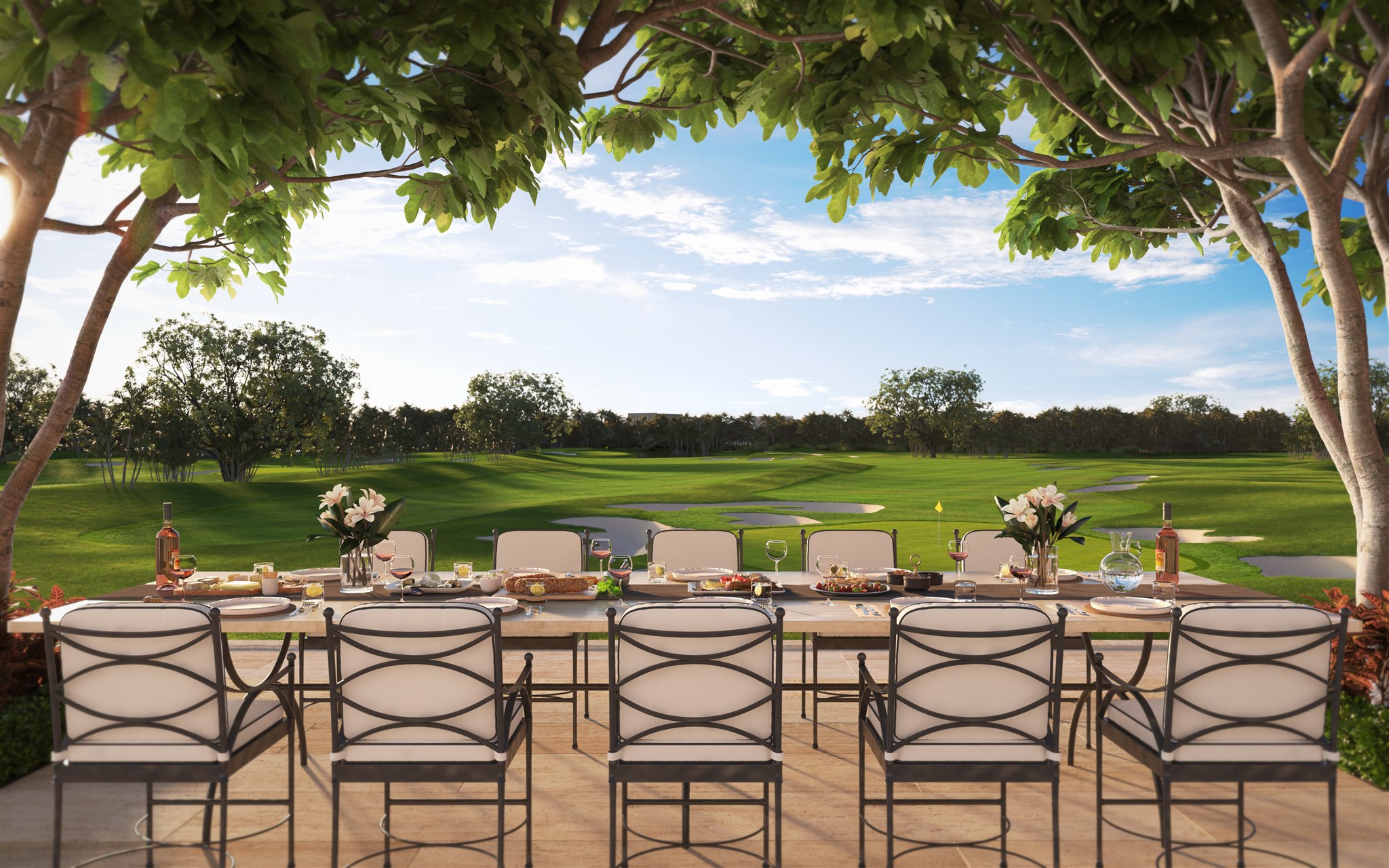 Dining terrace over the course at twilight
