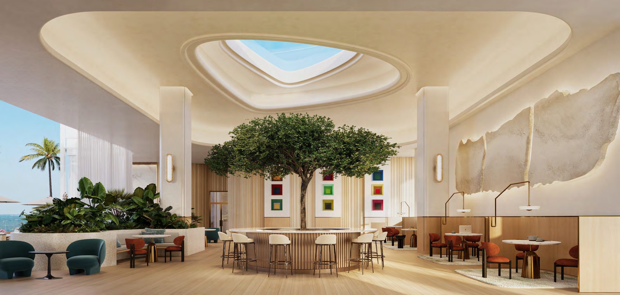 Double-height atrium lounge under the skylight