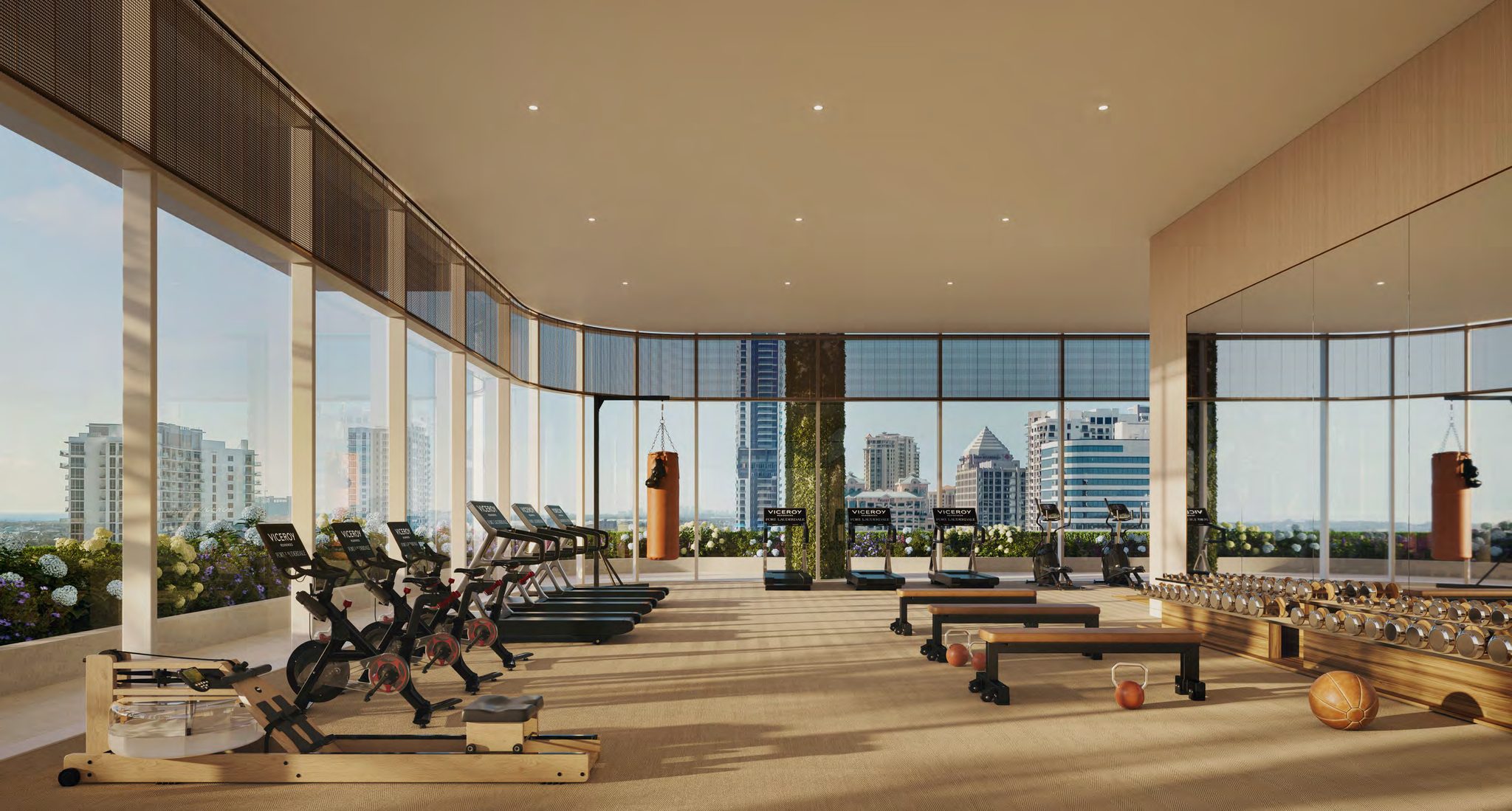 Fitness center with skyline views