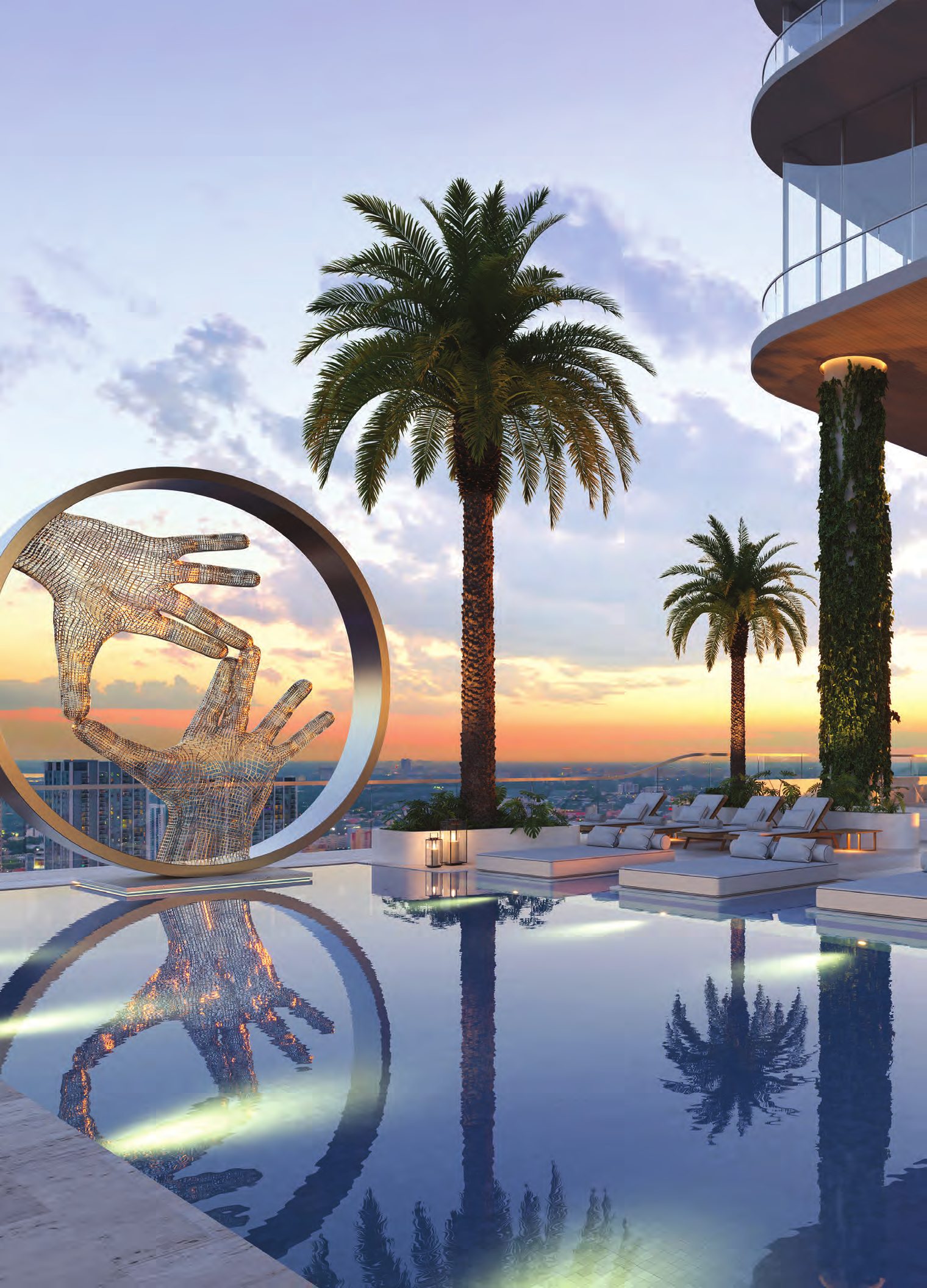 Pool deck art installation at dusk